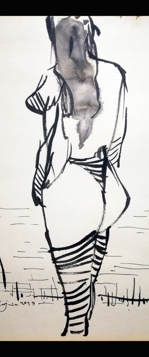 On the Beach, ink drawing on paper, 21x29 cm by Jamaleddin Toomajnia