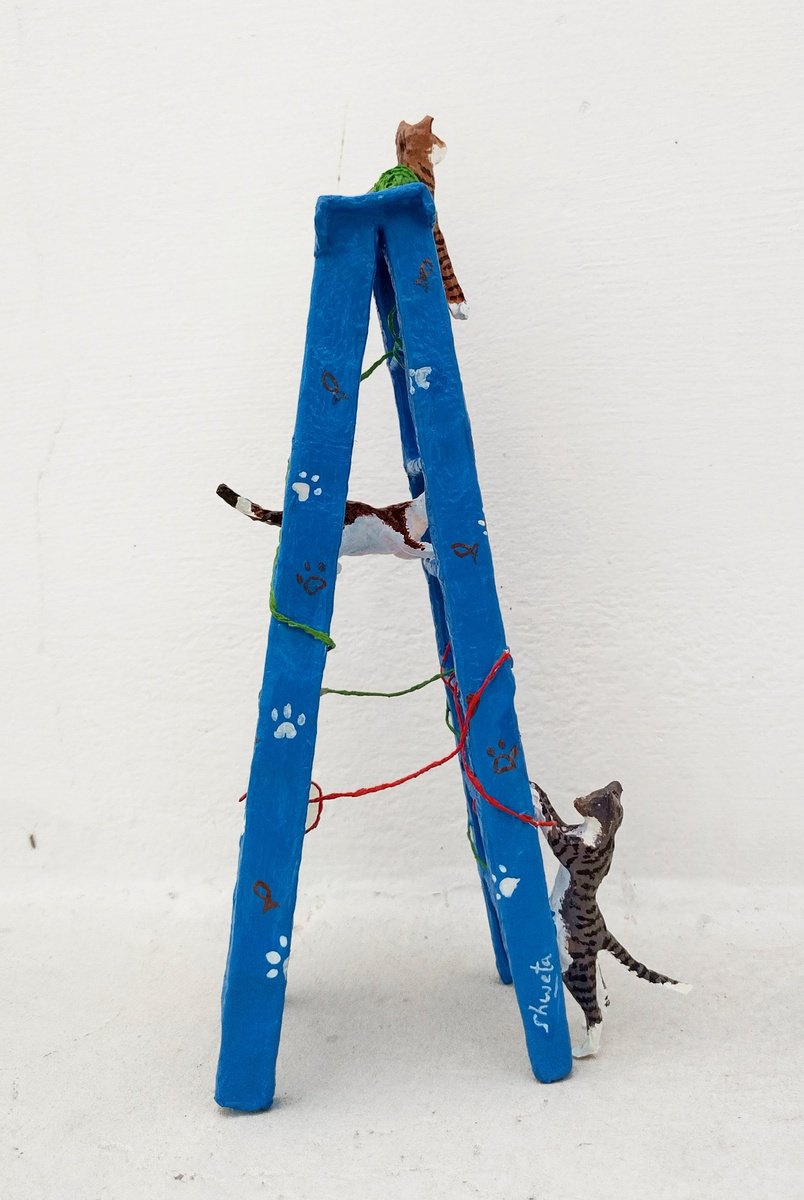 Photorealistic Animal Sculpture By Shweta Mahajan, 4 X 10", Cats On Ladder, Original Artwork