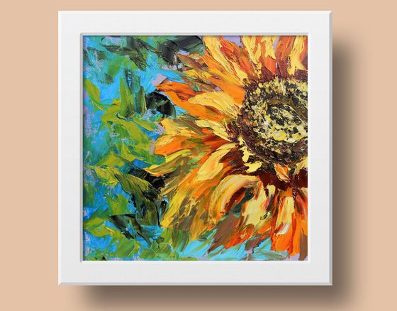 Sunflower,  Impasto oil painting. Palette knife, heavy textured art