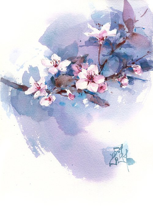 "Spring Rains" blooming tree branches watercolor by Ksenia Selianko