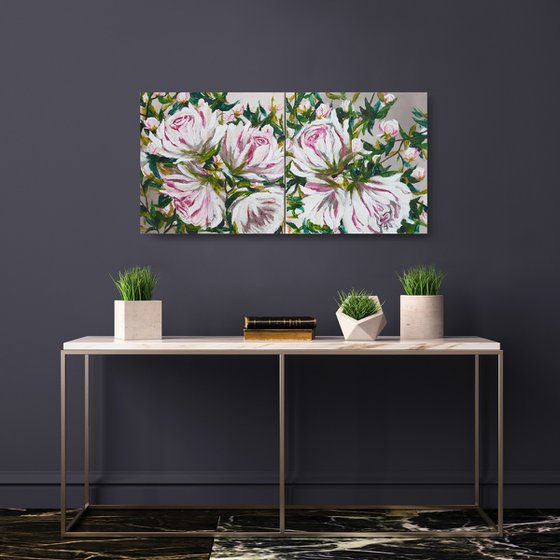 Abstract Flowers Diptych Original Acrylic Artwork Roses Painting Large Flowers Painting