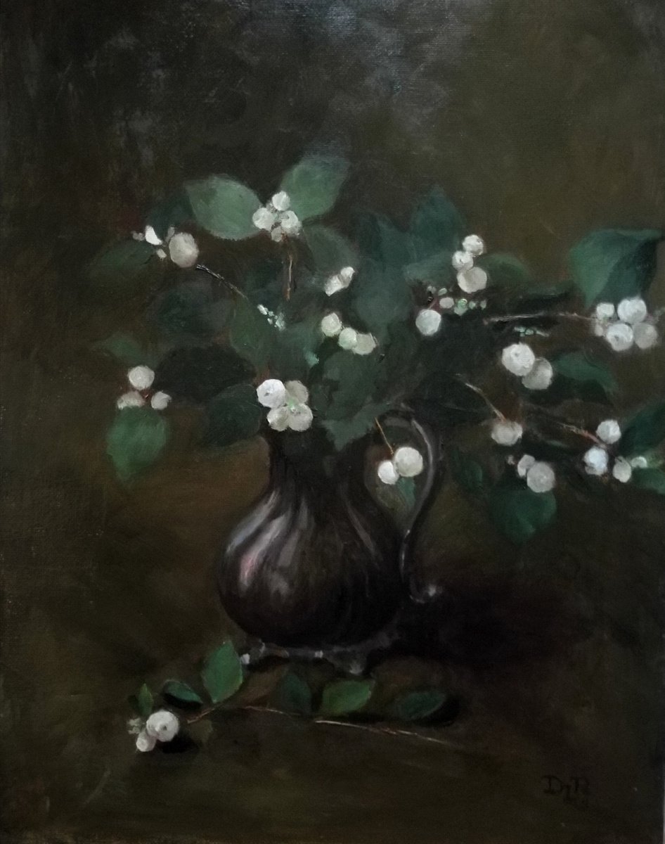 Impressionistic Botanical Oil Painting By Daniela Roughsedge, 14 X 18, Snowberries, Original Artwork