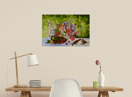 Wildflower Basket with Birds