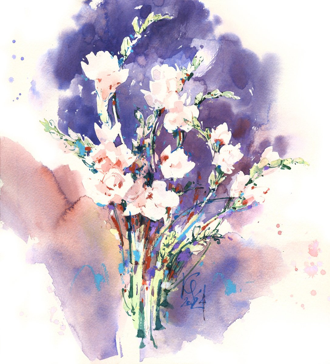 Impressionistic Botanical Watercolour By Ksenia Selianko, 12 X 13", Ixia White Flowers, Original Artwork