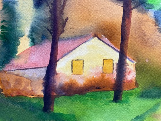 Greek Original Watercolor Painting, Abstract Landscape Artwork, Forest House Wall Art, European Home Decor