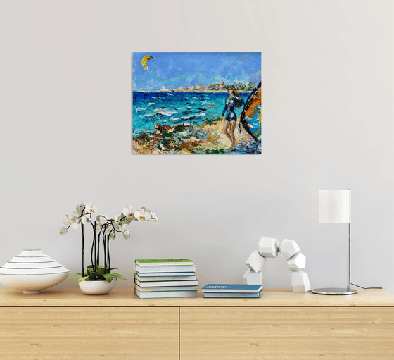 Kitesurfing - Spot atmosphere, 47*37cm, impressionistic oil impasto landscape painting