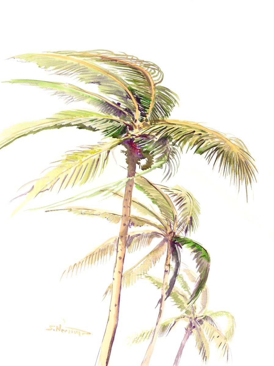 Botanical Watercolour By Suren Nersisyan, 18 X 24", Coconut Palm Trees In The Wind, Tropical Beach, Original Artwork