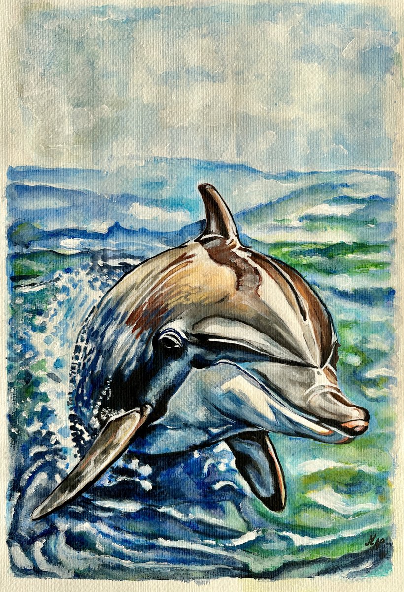Illustrative Animal Painting By Misty Lady - M. Nierobisz, 13 X 19", Dolphin, Original Artwork