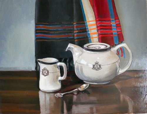 Still Life of Kikoy with Teapot and jug by Isabel Hutchison