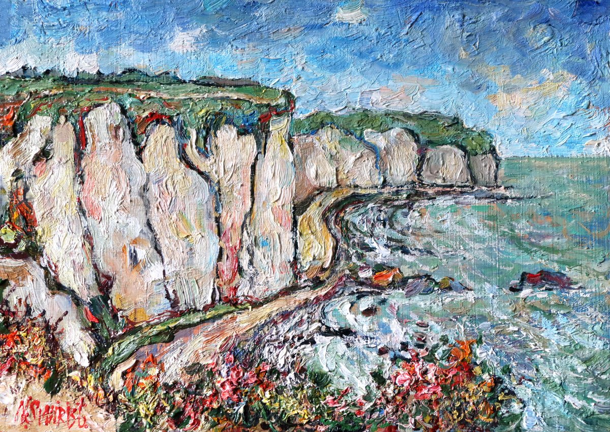 Impressionistic Landscape Oil Painting By Nikifor Swiristuhin, 14 X 10", The Coast At Etretat., Original Artwork