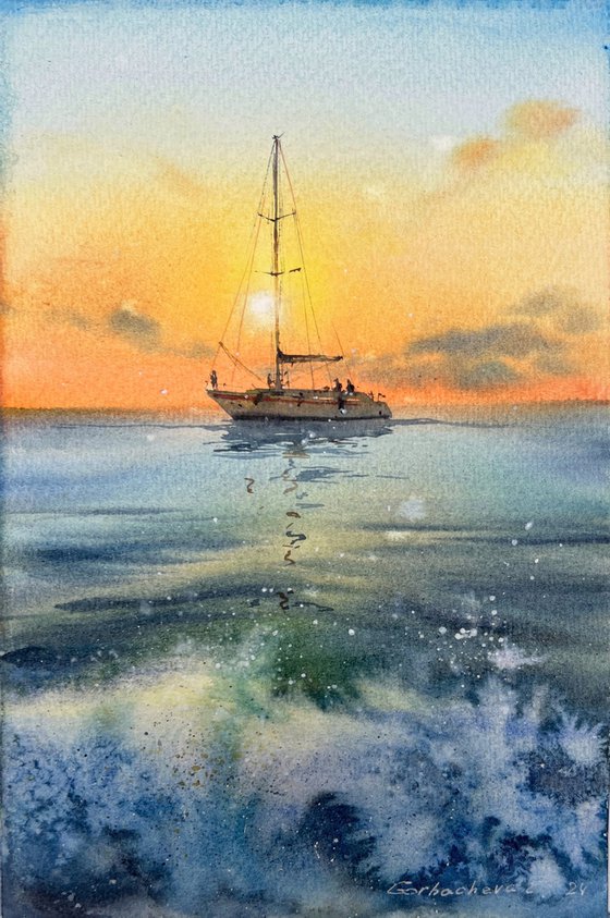 Yacht in the sea at sunset #12