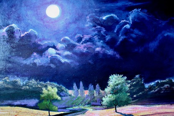 The Serious Moonlight. Landscape, Tree, Moon, Oil Painting.
