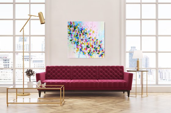 Colorful Triptych Large Acrylic Painting with Gold Leaf 60x60cm 24x24in