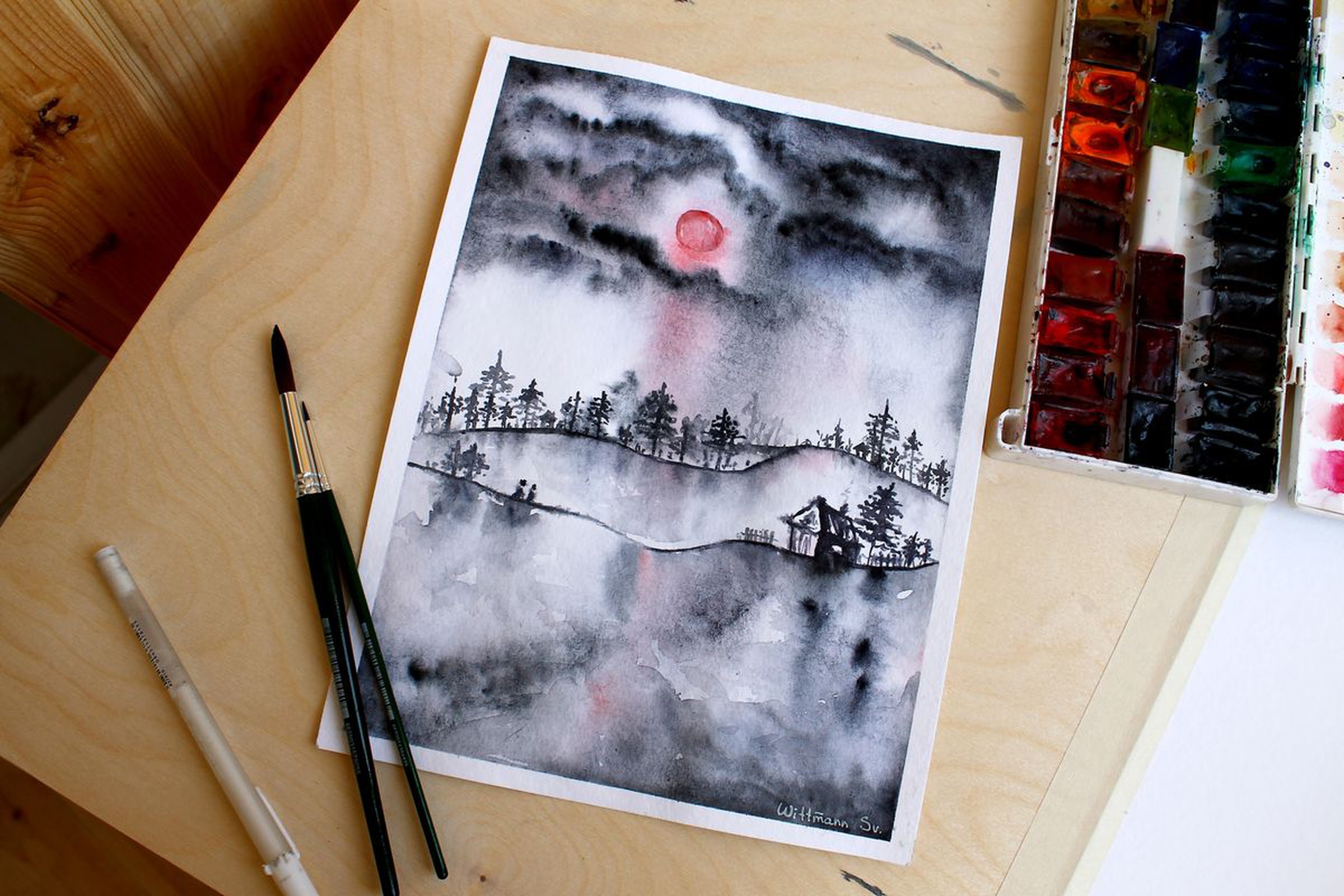 Watercolor Night Landscape With Red Moon 21x27 C Artfinder