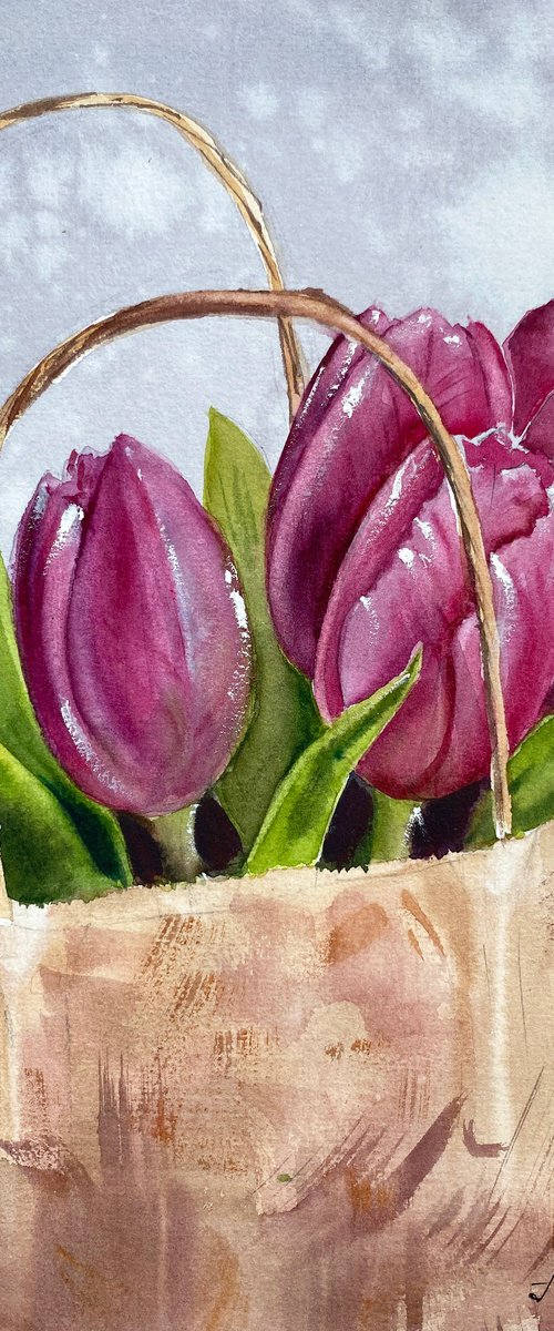 Tulip Bouquet in Paper Bag watercolor painting by Irina Povaliaeva