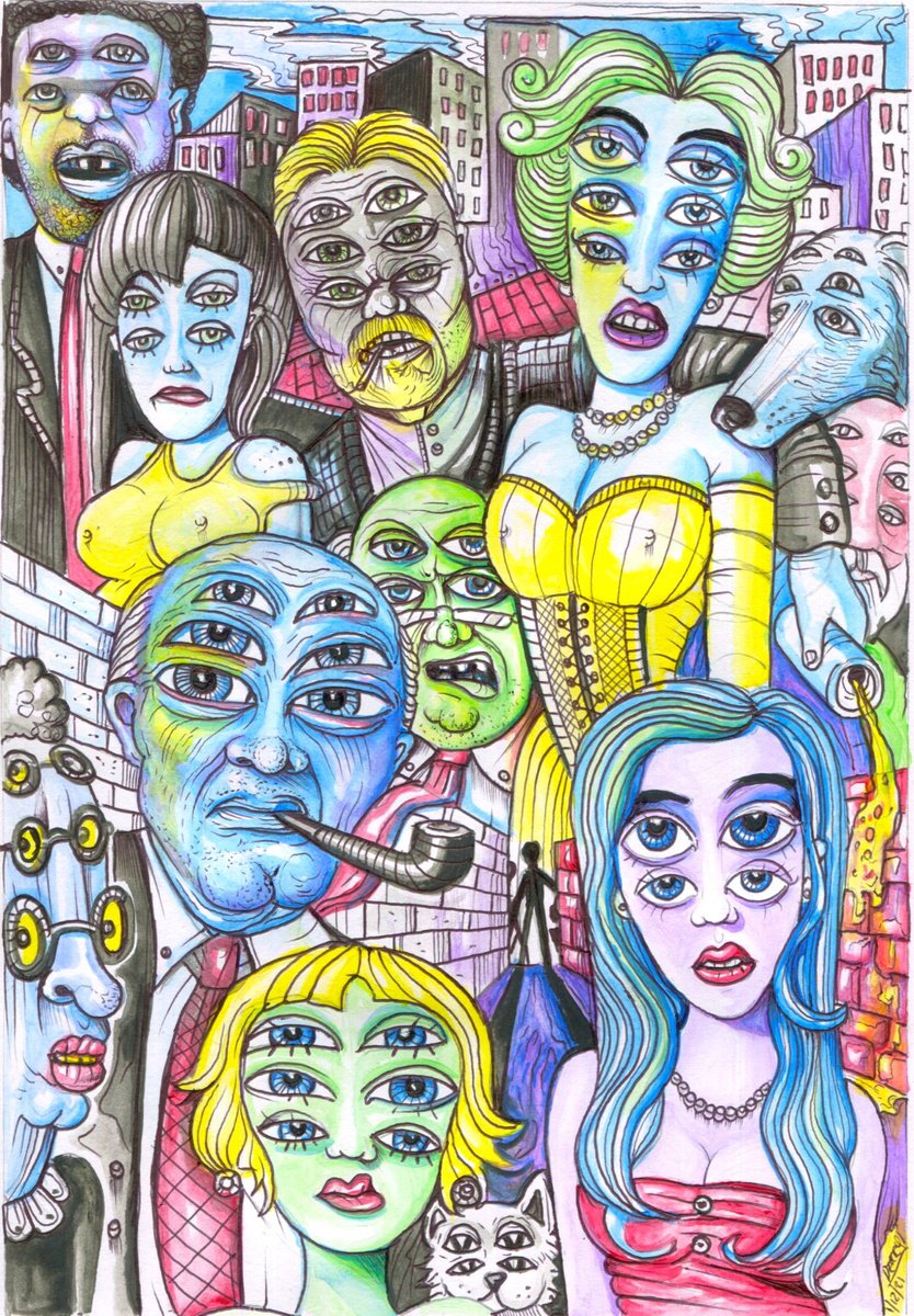 Surrealistic Portrait Drawing By Spencer John Derry, 8 X 12", The Watchers, Original Artwork