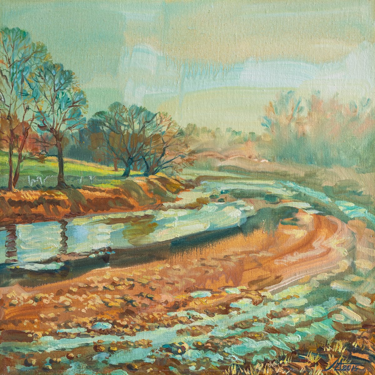 Photorealistic Landscape Oil Painting By Alona Lesnichenko, 15 X 15, Spring Thaw, Original Artwork