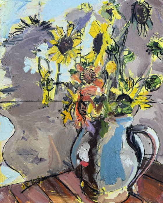 Thirteen Sunflowers in Blue Pitcher