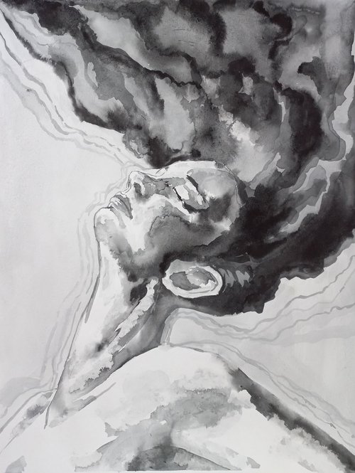 Abstract watercolor portrait 30x40cm black and white color by Tatiana Myreeva