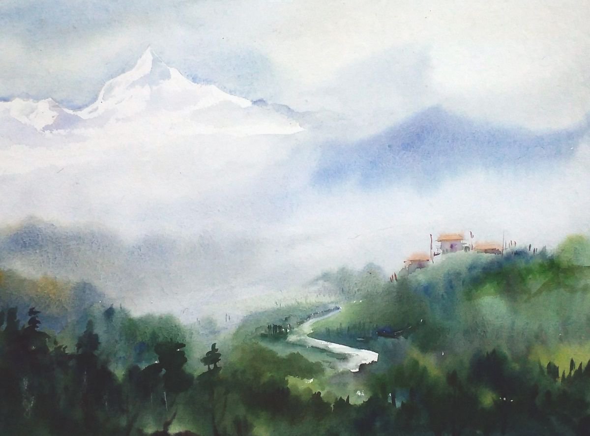 Mountain Peak & Mountain Landscape - watercolor painting by Samiran Sarkar