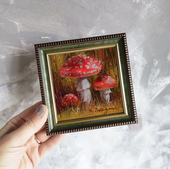 Mushrooms red painting original oil small framed art Fly agaric artwork