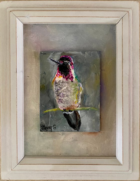 Colorful hummingbird oil painting  mounted on gessoed panelboard 5x7