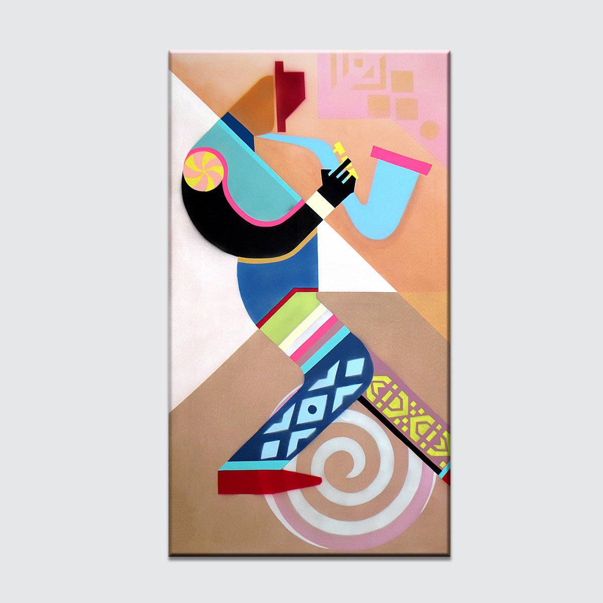 Urban And Pop Portrait Acrylic Painting By Lanre Adefioye, 24 X 42", Sax Serenade, Original Artwork