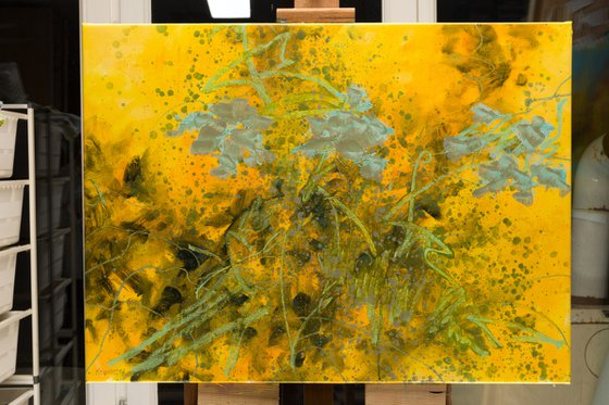 "Wild flowers" - floral oil painting in yellow turquoise pale blue and dark brownish green