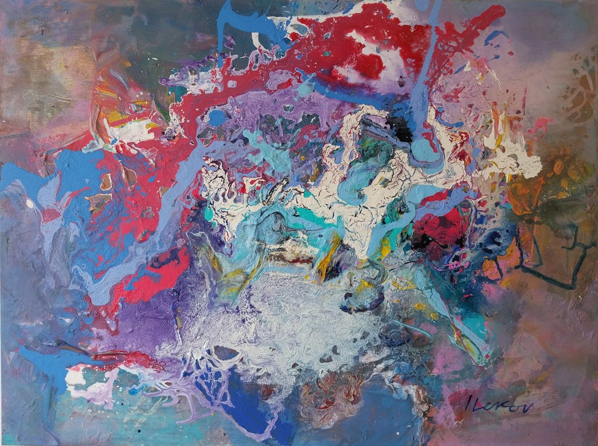 Abstract Acrylic Painting By Ivo Lekov, 31 X 24, Silver Moon, Original Artwork