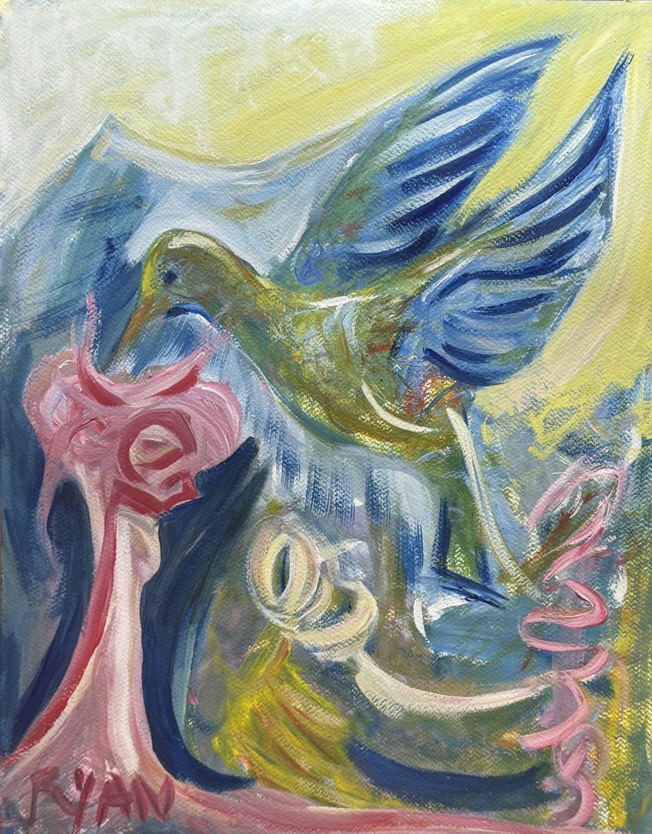 Abstract Animal Acrylic Painting By Ryan Louder, 17 X 21", Humming Bird Drinking Nectar, Original Artwork