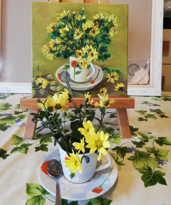 Crysanthemums Floral Impressionism Kitchen Art Household with Coffeecup Spoon Green Yellow Grapes Modern Still Life / Small Oil Painting 8x8in (20x20cm) Restaurant
