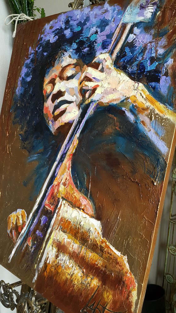 Blues , portrait of a musician with a double bass