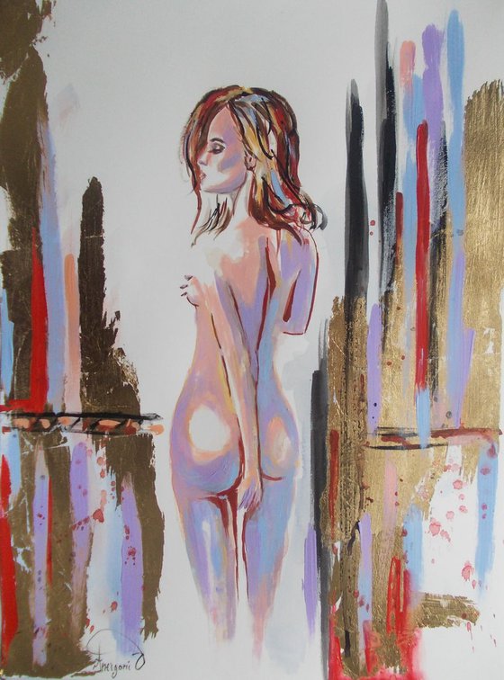 Helen -Mixed Media Nude Woman  Painting on Paper