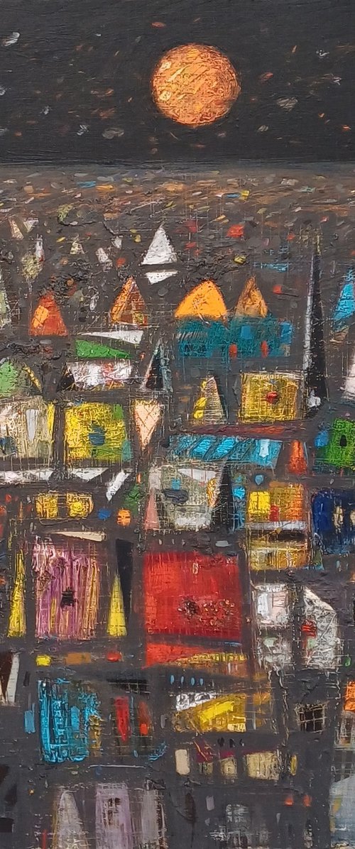 Golden Moon Above City by Aram Sevoyan