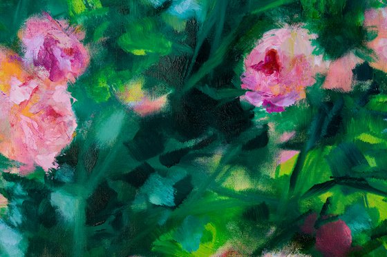 Pink roses in the garden - Impressionistic flower painting Modern floral Contemporary romantic LARGE SIZE UNSTRETCHED