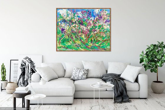 Lilac Garden - floral landscape, large original oil painting