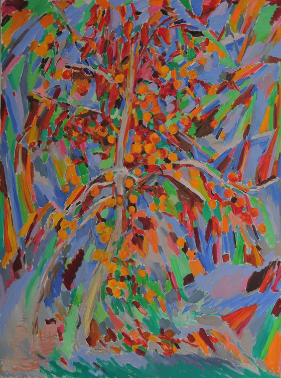 PERSIMMON - Plants ans Trees, original oil painting, large size, orange and blue colours, home office decor