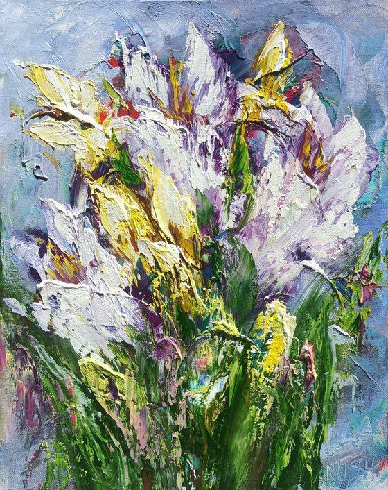 Abstract lilies (50x40cm, oil painting, palette knife)
