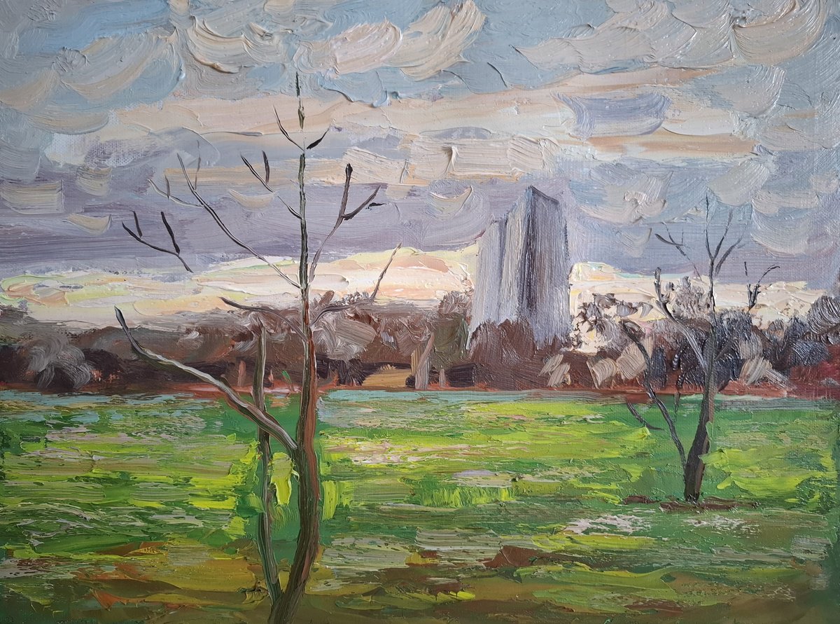 Impressionistic Landscape Oil Painting By Olena Kolotova, 16 X 12", Sunset Over The City, Original Artwork