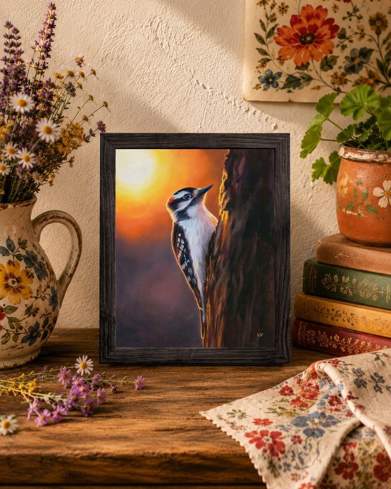 Downy woodpecker bird on a trunk