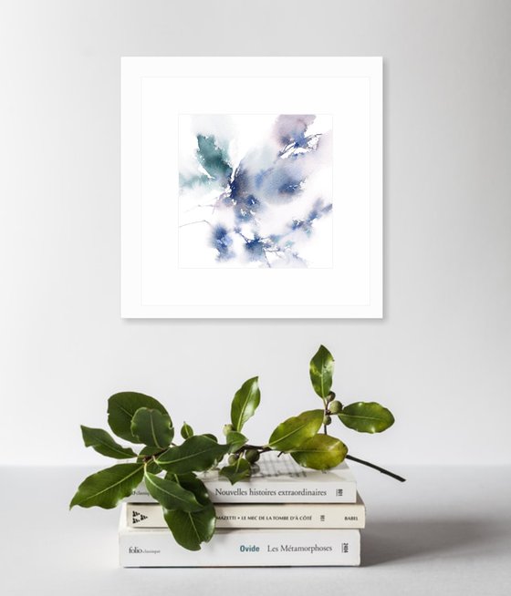 Blue abstract flower painting, small square art