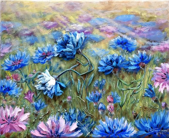 Oil painting and relief landscape with Blue cornflowers on a summer meadow are a touching dance of flowers. Dance with me. 30x25x4cm