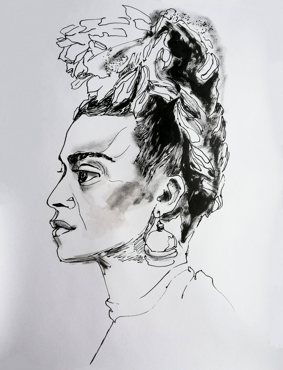 Impressionistic Portrait Ink Drawing By Jelena Djokic, 15 X 19, Frida, Original Artwork