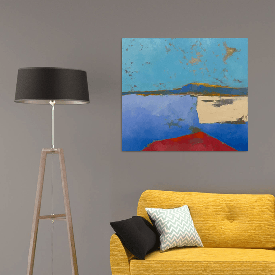 «red flowers by the lake» — contemporary landscape with optimistic and positive energy on stretched canvas