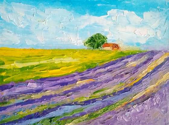 Lavender Painting Tuscany Original Art Barn Wall Art Field Artwork Oak Tree Painting Wildflower Landscape