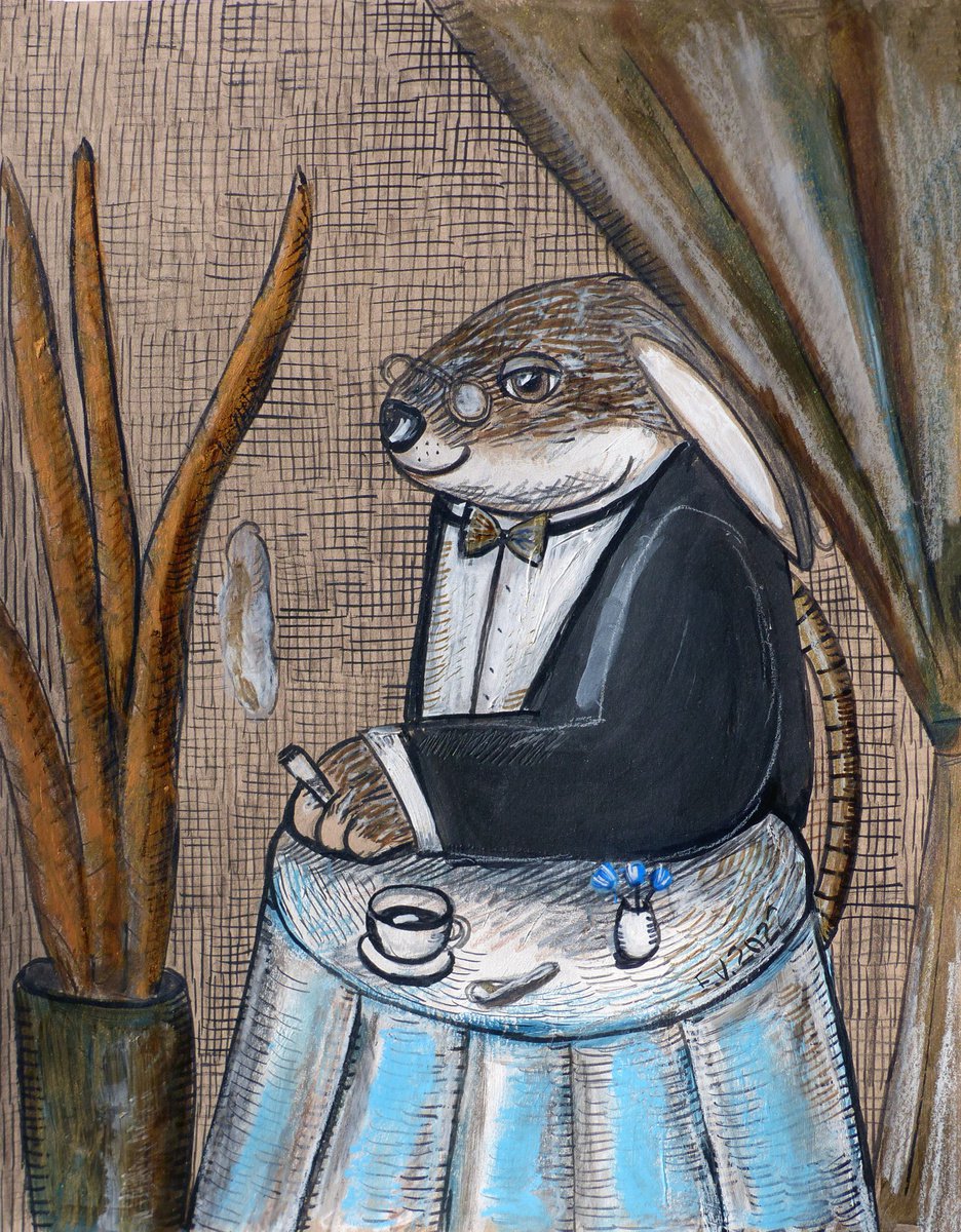 Naive Animal Painting By Elizabeth Vlasova, 11 X 14, Good Morning Coffee, Original Artwork