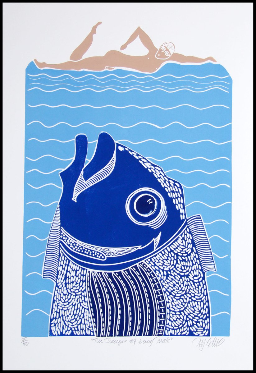 Danger of being Male, linocut by Mariann Johansen-Ellis
