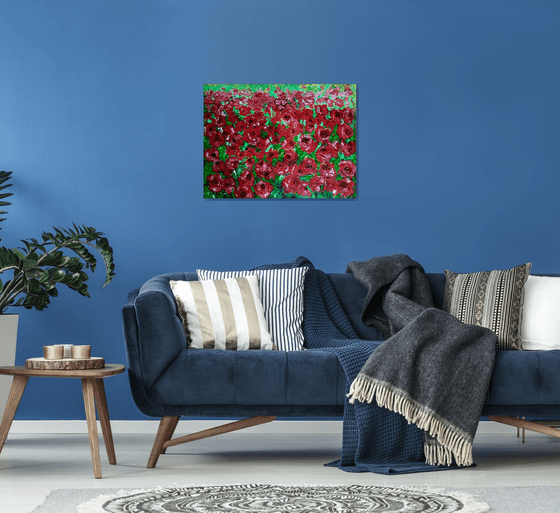 FIELD OF RED ROSES, MEADOW OF FLOWERS, large size painting office home decor gift