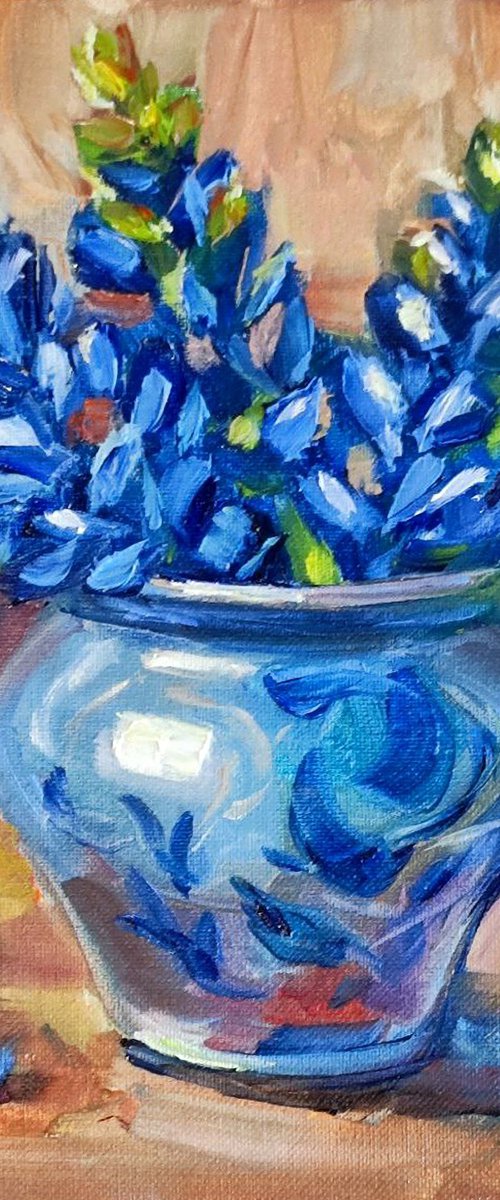 Blue Lupines in Vintage Vase. by Natalia Miasnikova