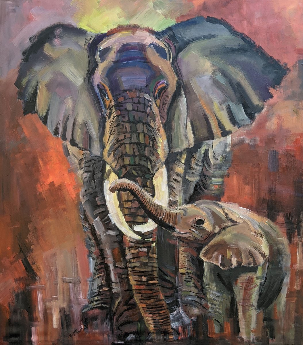 Impressionistic Animal Acrylic Painting By Bugingo Noah, 28 X 33, Mothers Will Always Be Mothers, Original Artwork